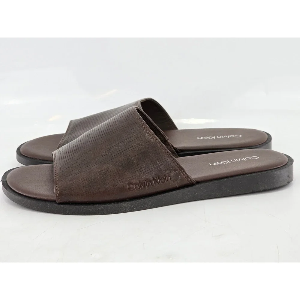 Calvin Klein Slide Sandals Mens Size 9 Brown Perforated Faux Leather -Excellent